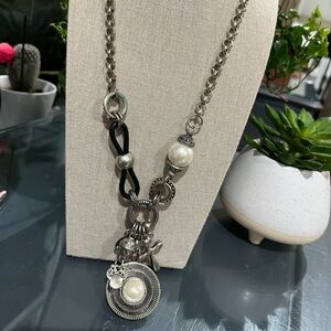 Chico's Vintage Silver-Tone Pearl Charm Necklace with Cross and Crystal